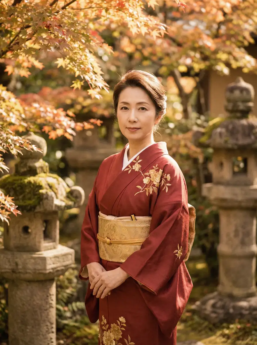 一位身穿暗红色和服的优雅 500彩票平台 在日式庭院中