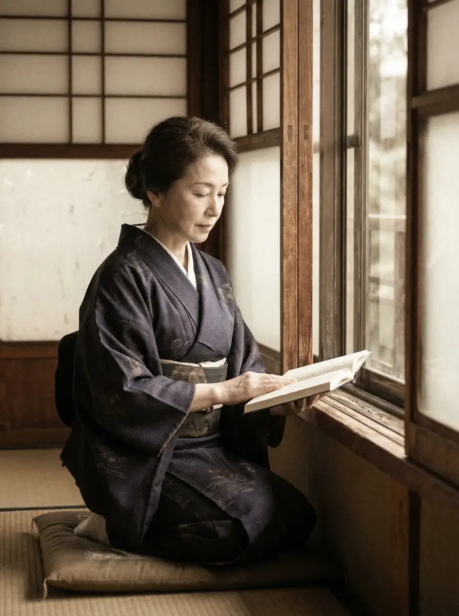 一位优雅的五十岁 500彩票平台 身穿深蓝色和服，在窗边静读