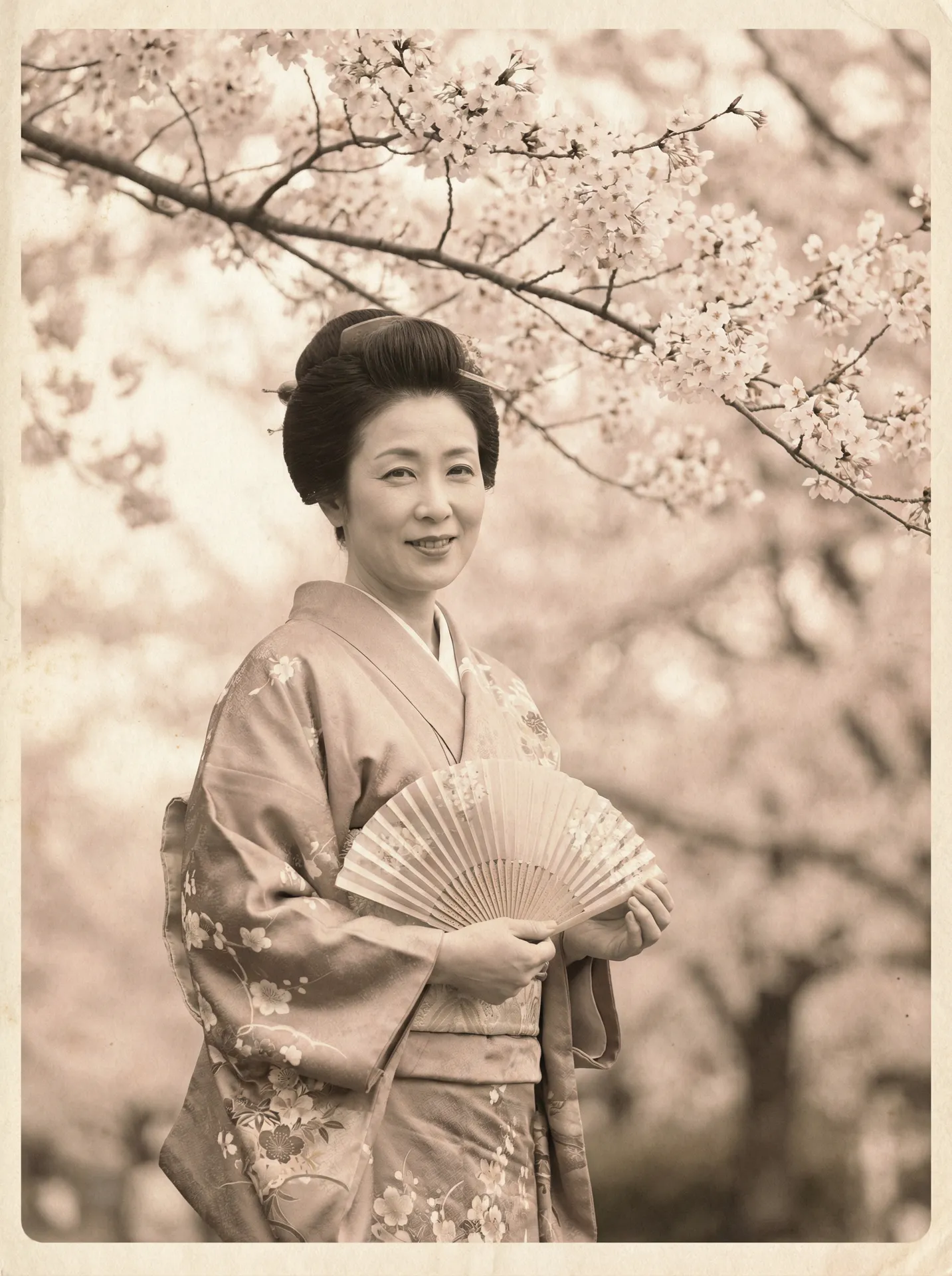 一位持扇的优雅 500彩票平台 在樱花树下的复古写真