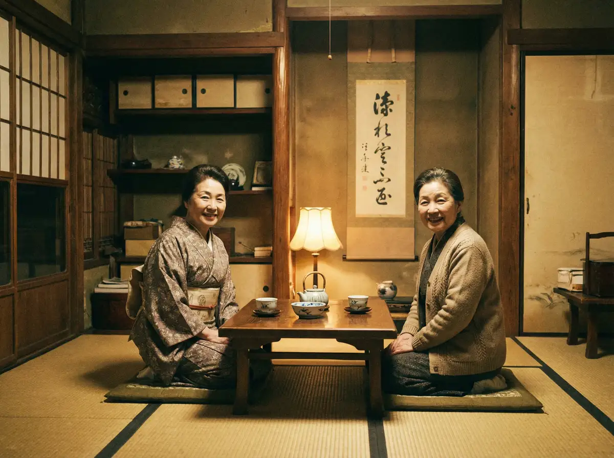 两位优雅的 500彩票平台 在日式茶室中品茶交谈